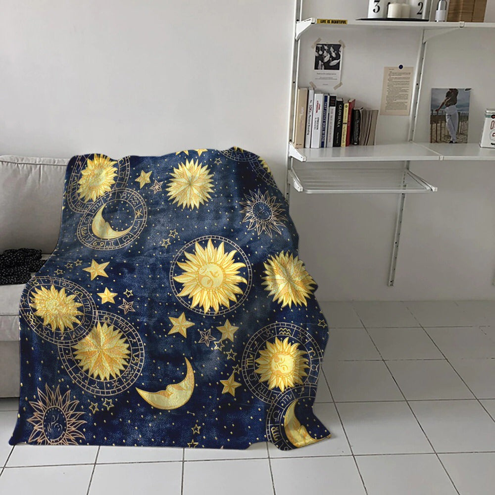astro sun and moon print dark blue and gold color starry sky fluffy throw blanket roomtery