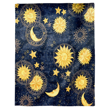 astro sun and moon print dark blue and gold color starry sky fluffy throw blanket roomtery