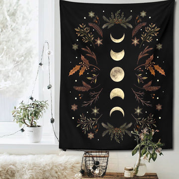 brown floral moon phases tapestry cottagecore and fairy aesthetic room decor roomtery
