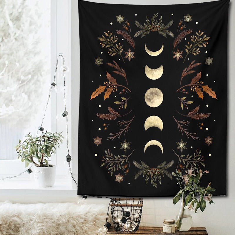 brown floral moon phases tapestry cottagecore and fairy aesthetic room decor roomtery