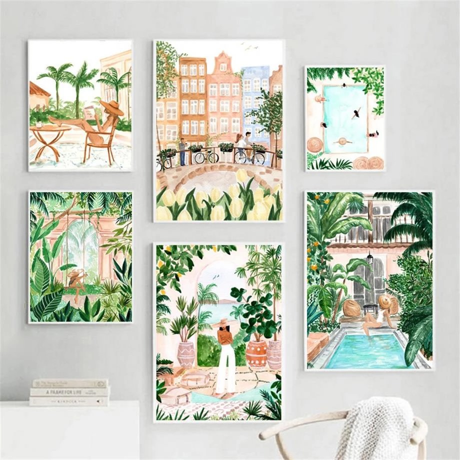 Beach Pool Moroccan Tropical Jungle Girl Swing Wall Art Canvas Painting Posters And Prints Wall Pictures aesthetic posters roomtery