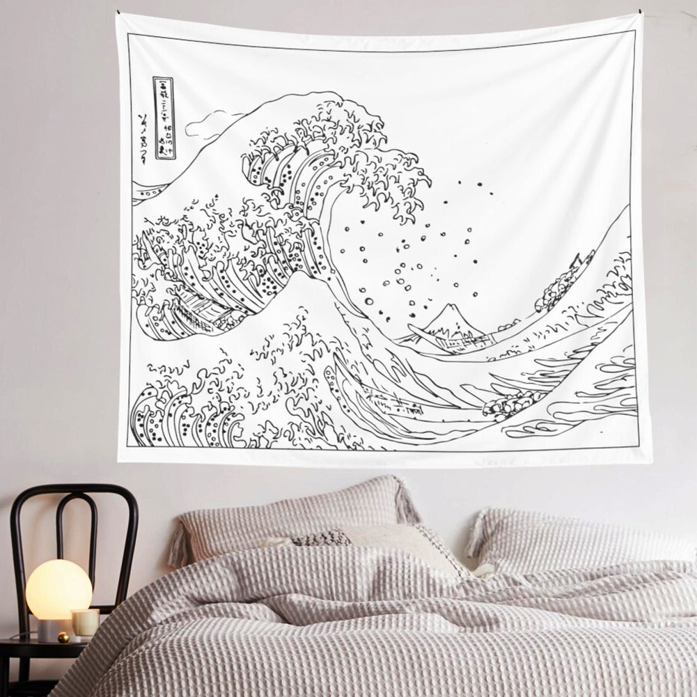 black white hokusai kanagawa wave japanese aesthetic wall hanging art tapestry roomtery