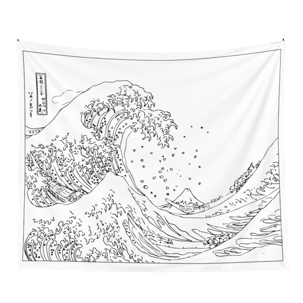 black white hokusai kanagawa wave japanese aesthetic wall hanging art tapestry roomtery