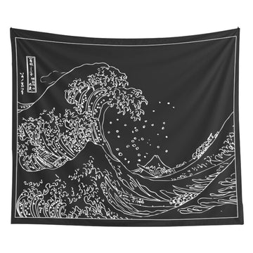 black white hokusai kanagawa wave aesthetic wall hanging art tapestry roomtery