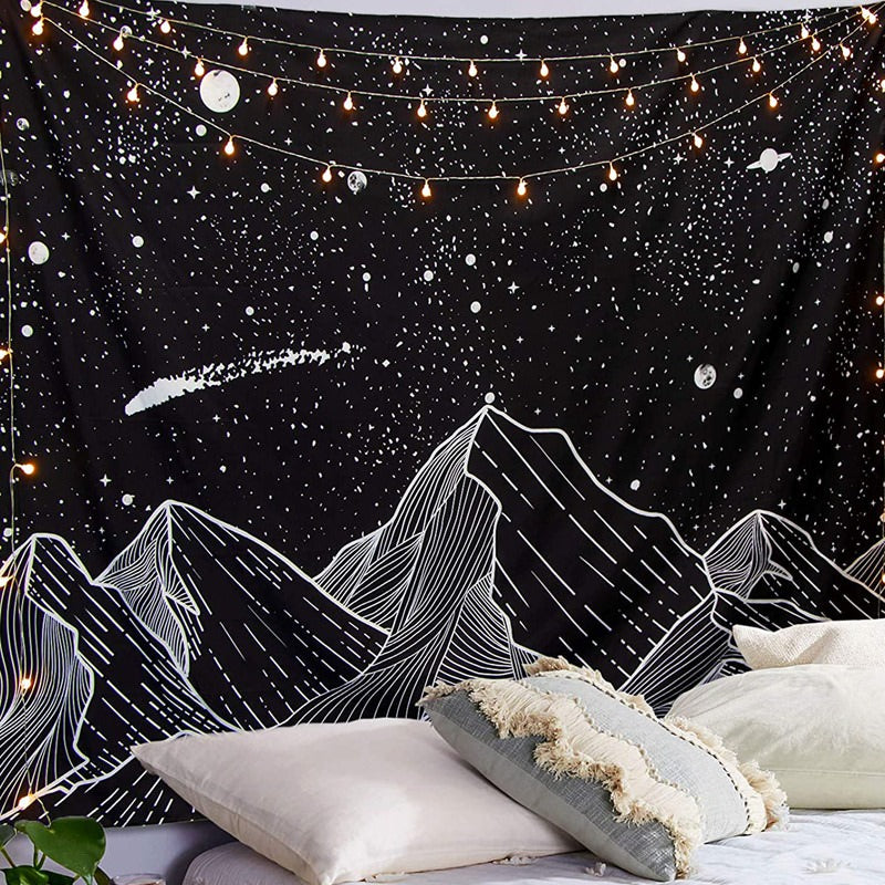 black white outline starry sky mountains wall hanging aesthetic tapestry roomtery