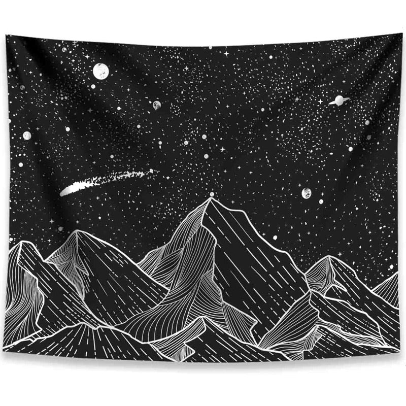 black white outline starry sky mountains wall hanging aesthetic tapestry roomtery