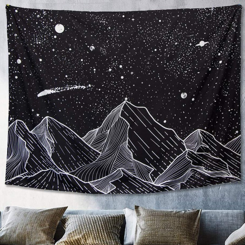 black white outline starry sky mountains wall hanging aesthetic tapestry roomtery