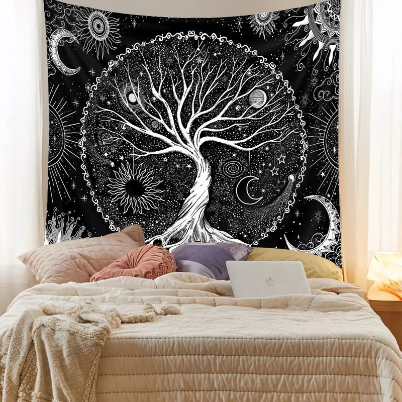tree of life black white aesthetic wall art print on cloth wall tapestry roomtery