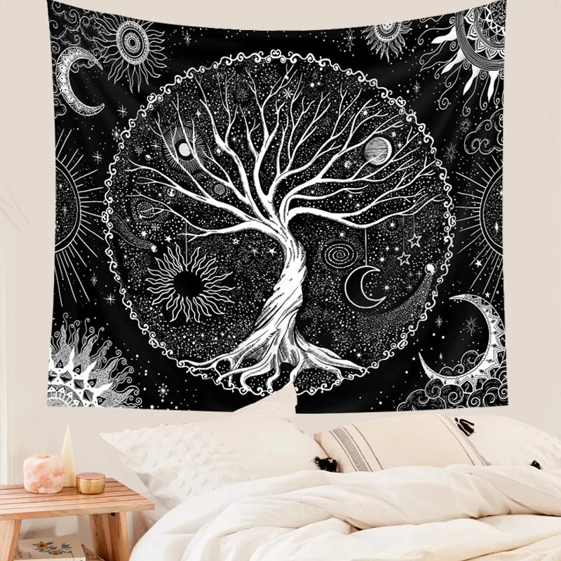 tree of life black white aesthetic wall art print on cloth wall tapestry roomtery
