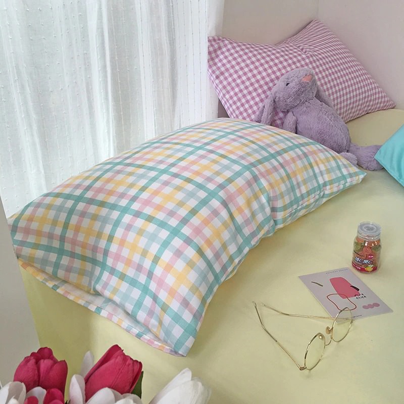 danish pastel bedding set in pastel yellow and blue with grid pillows soft duvet cover pastel sheet set roomtery