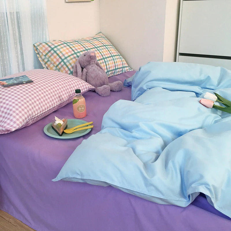 danish pastel bedding set in pastel purple and blue with grid pillows soft duvet cover pastel sheet set roomtery