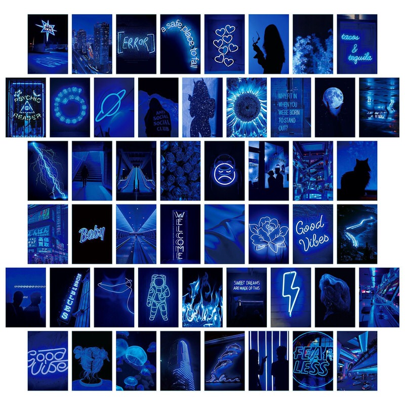 blue neon aesthetic wall collage card kit roomtery