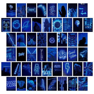 blue neon aesthetic wall collage card kit roomtery