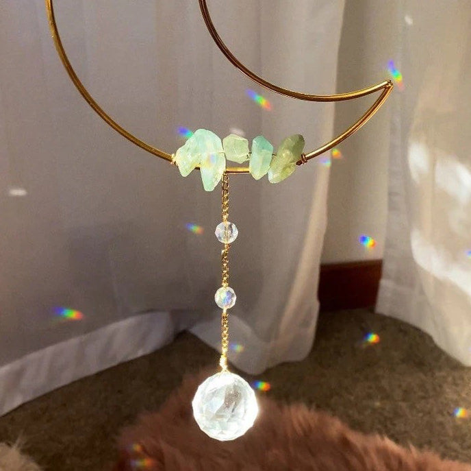 blue crystal moon shaped aesthetic suncatcher roomtery