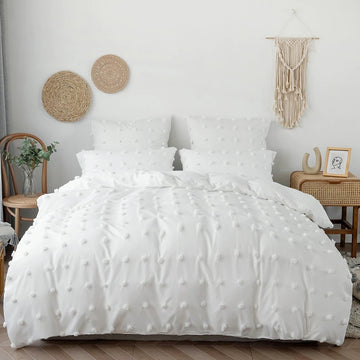 boho aesthetic bedding set white pom pom bed sheet set roomtery