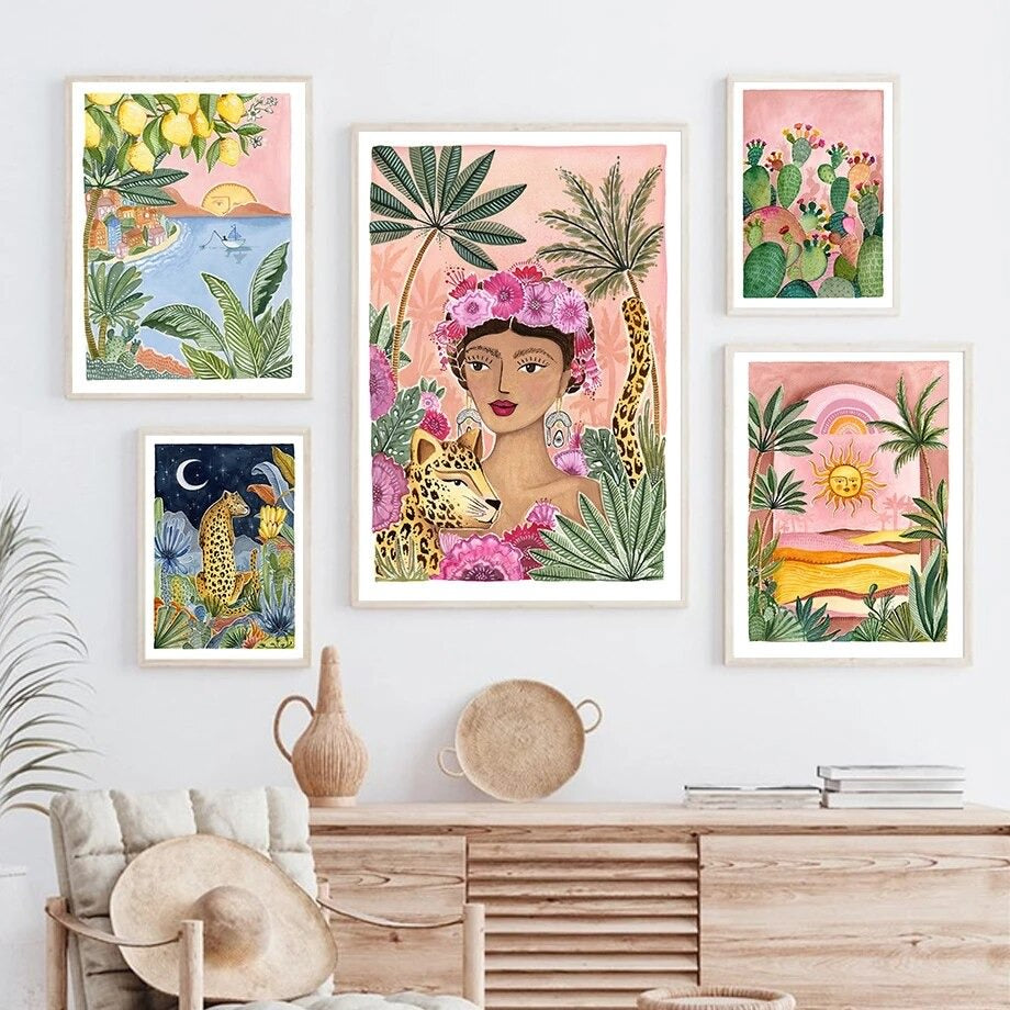 boho sun hawaiian women jungle leopard boho chic aesthetic canvas wall art print poster roomtery