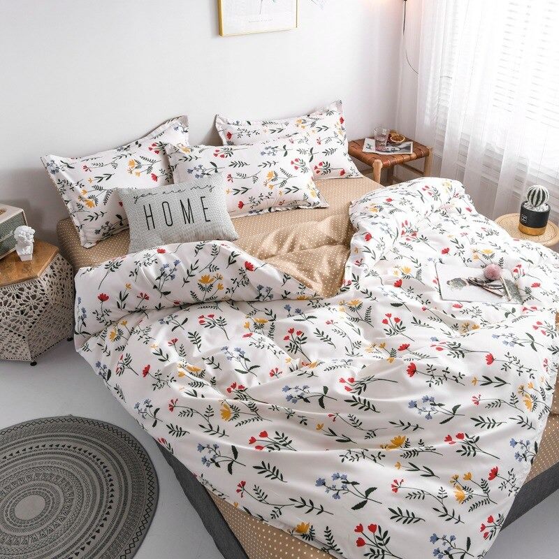 red and yellow flowers white background bright floral print soft brown polka dots aesthetic bedding set roomtery