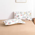 red and yellow flowers white background bright floral print soft brown polka dots aesthetic bedding set roomtery