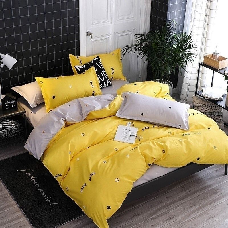 bright yellow aesthetic bedding set with sleepy eyes and stars print duvet cover bedsheet set roomtery