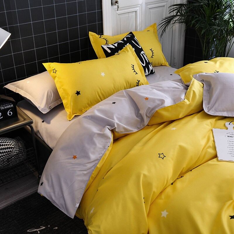 bright yellow aesthetic bedding set with sleepy eyes and stars print duvet cover bedsheet set roomtery
