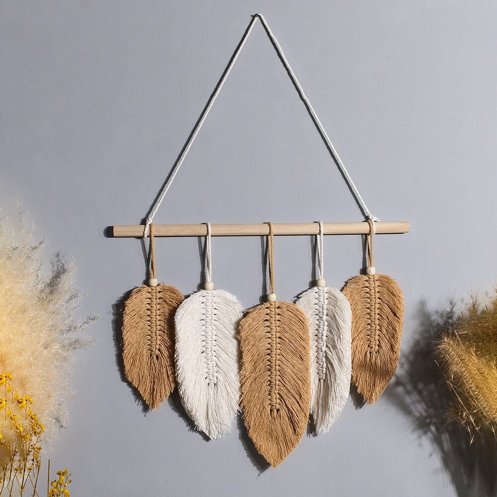 boho aesthetic macrame feather tassels wall hanging decor roomtery