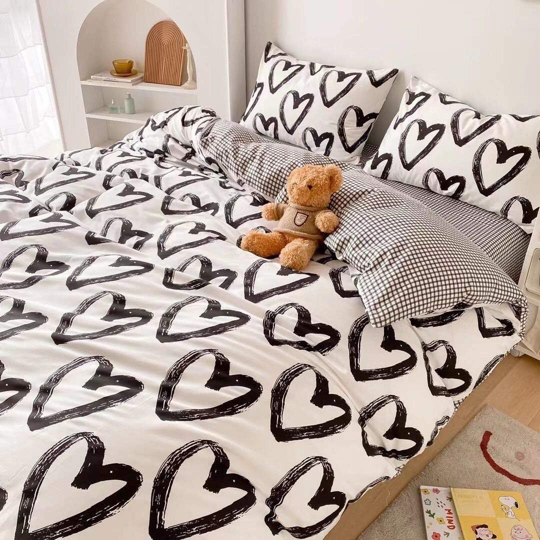 brush painted black on white heart aesthetic bedding duvet cover sheet set roomtery