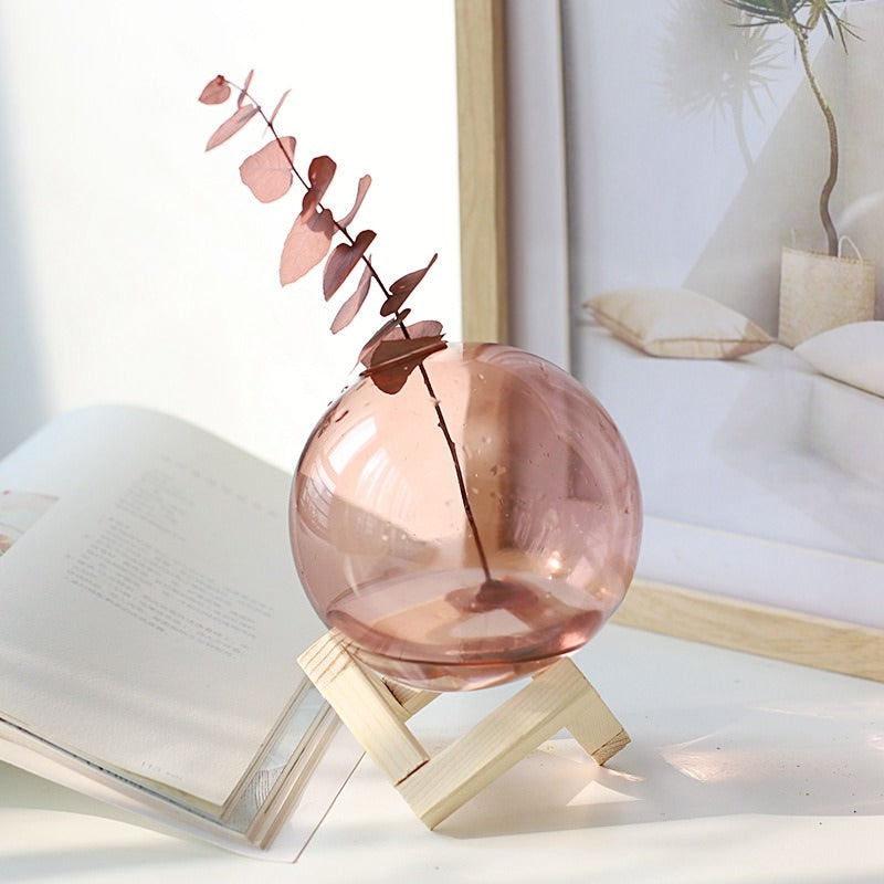 little round bubble glass ball vase with wooden stand roomtery