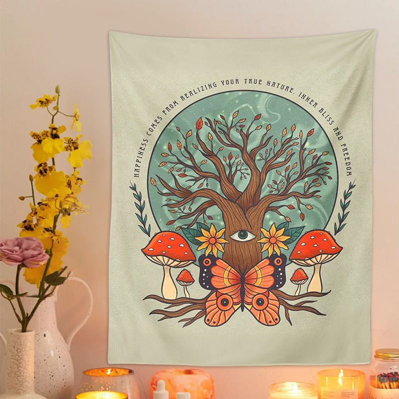 mushroom tree and butterfly fairy core aesthetic tapestry wall hanging room decor roomtery