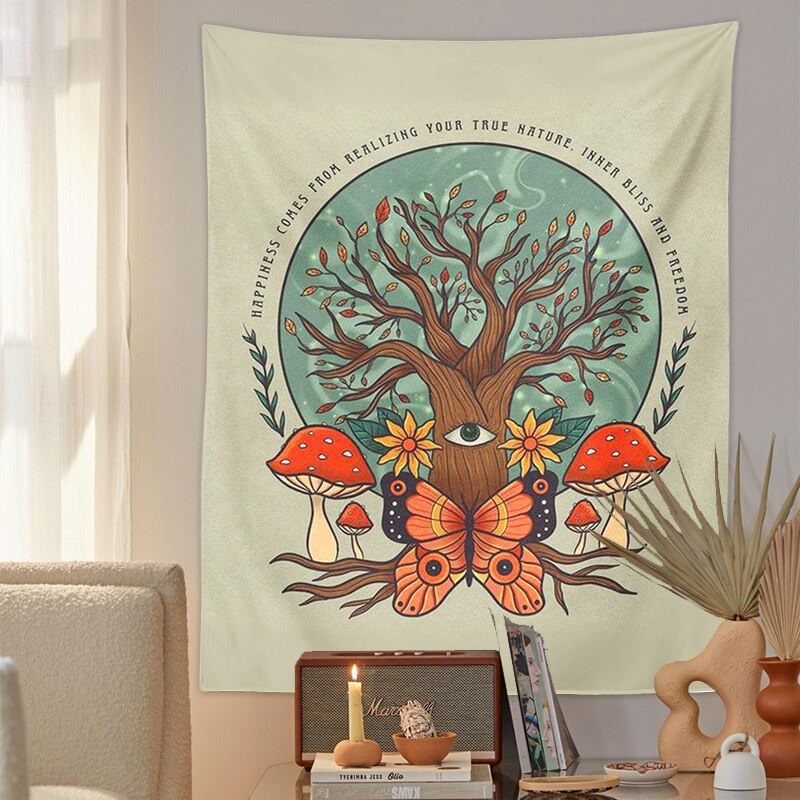mushroom tree and butterfly fairy core aesthetic tapestry wall hanging room decor roomtery