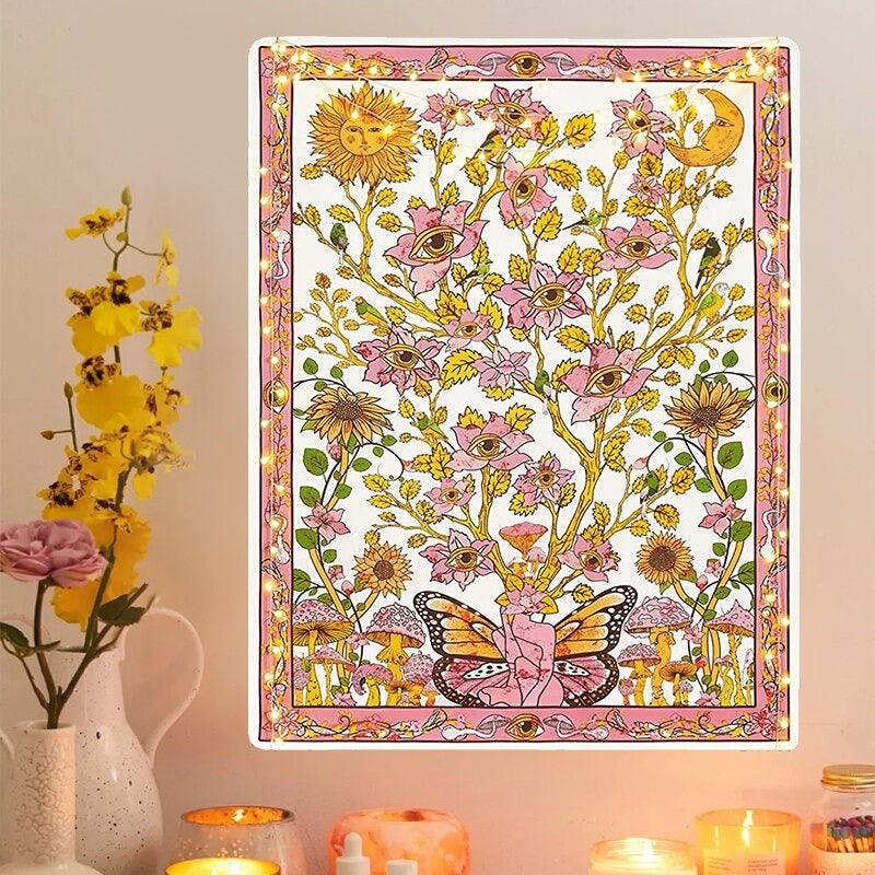 aesthetic wall tapestry hanging art butterfly floral colorful print roomtery