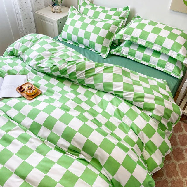 green checkered aesthetic bedding set duvet cover pillowcase roomtery