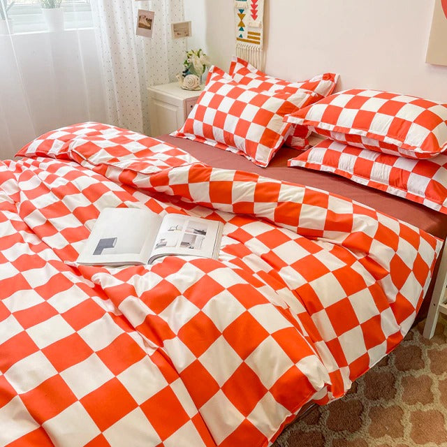 red checkered aesthetic bedding set duvet cover pillowcase roomtery