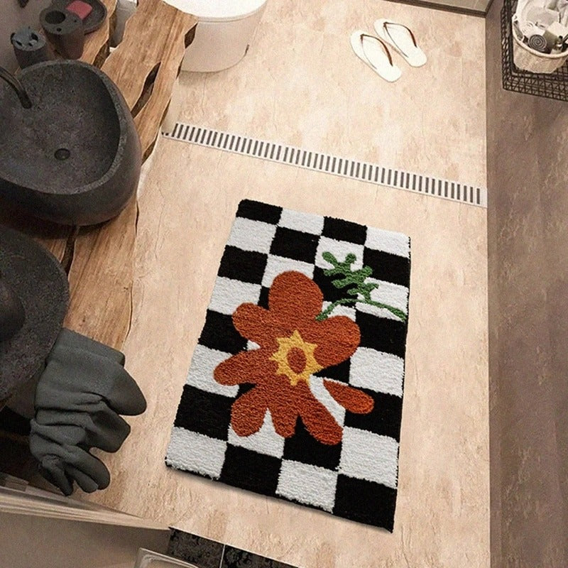 indie room aesthetic decor checkered accent rug with flower print roomtery