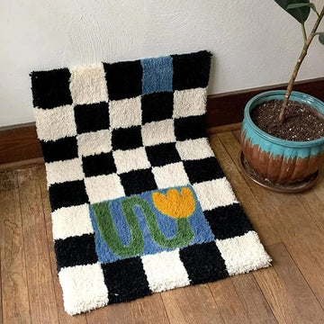 indie room aesthetic decor checkered accent rug mat with tulip print roomtery