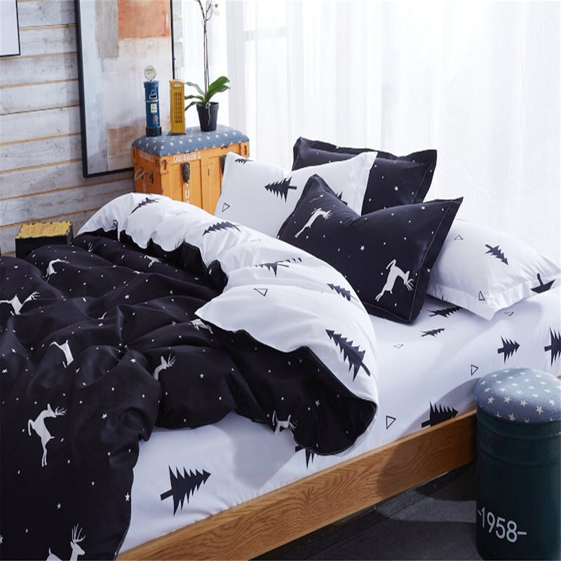 christmas trees and deers xmas monochrome black white aesthetic bedding set duvet cover bedsheet set roomtery