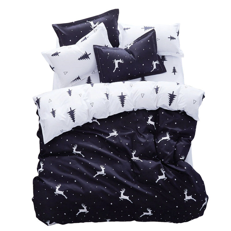 christmas trees and deers xmas monochrome black white aesthetic bedding set duvet cover bedsheet set roomtery