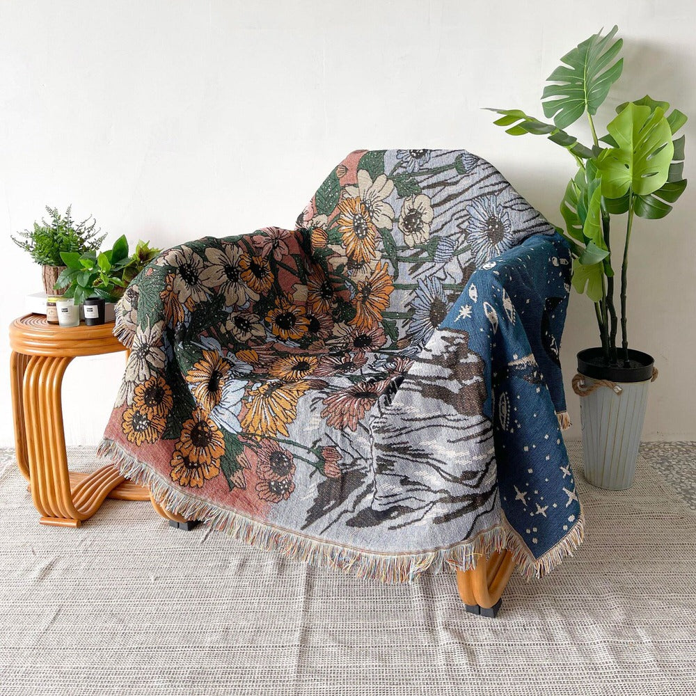 woven knitted aesthetic throw blanket mountains moon phases flowers print cottagecore room roomtery