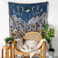 woven knitted aesthetic throw blanket mountains moon phases flowers print cottagecore room roomtery