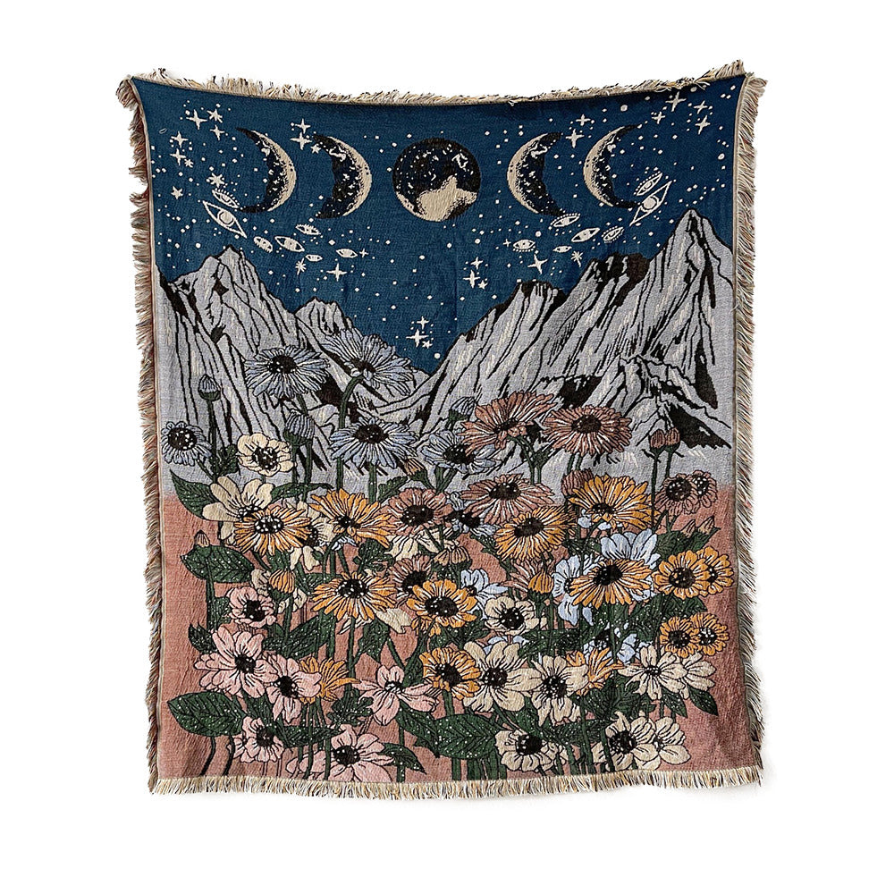 woven knitted aesthetic throw blanket mountains moon phases flowers print cottagecore room roomtery