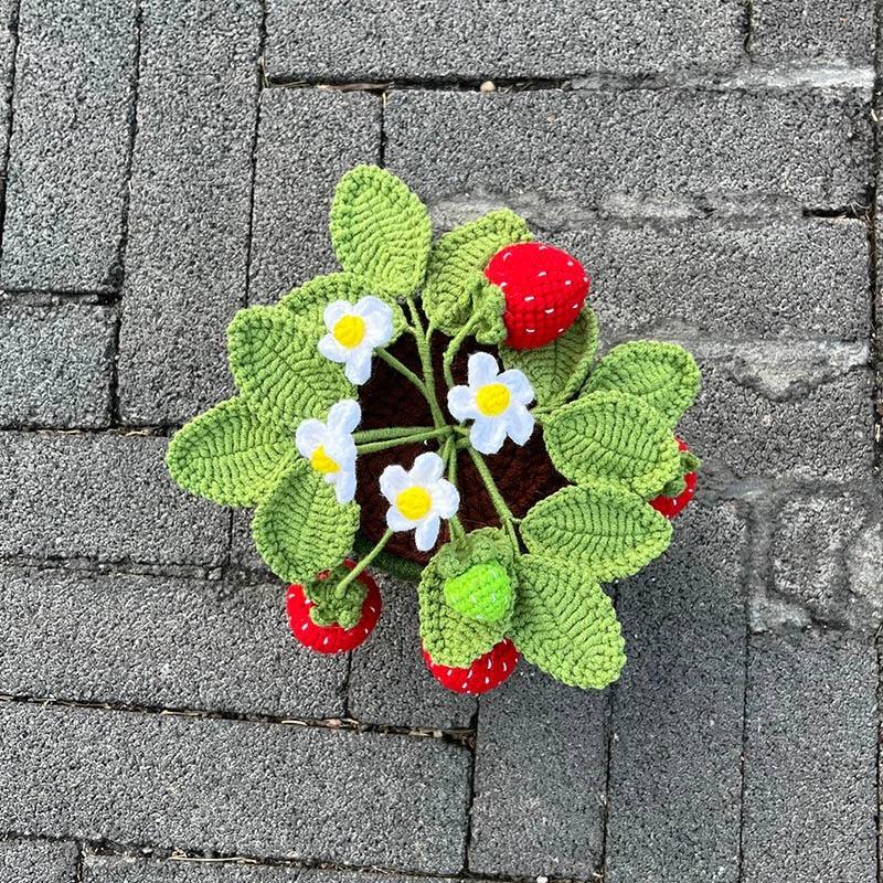 crochet hand knitted  potted strawberry bush flower aesthetic decor roomtery