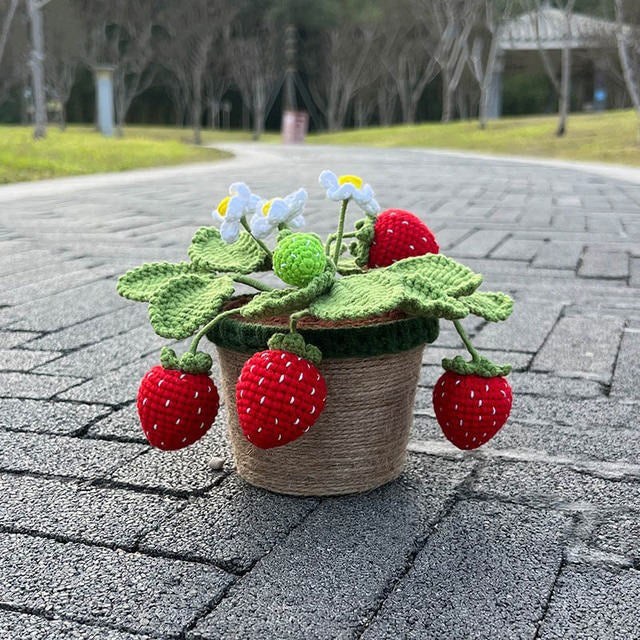 crochet hand knitted  potted strawberry bush flower aesthetic decor roomtery