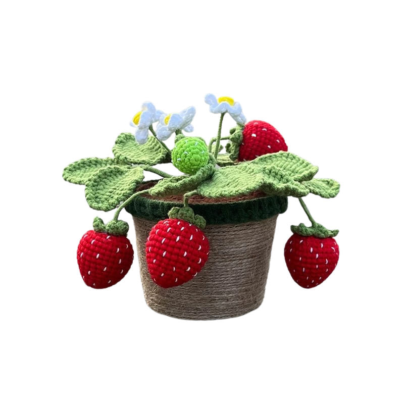 crochet hand knitted  potted strawberry bush flower aesthetic decor roomtery