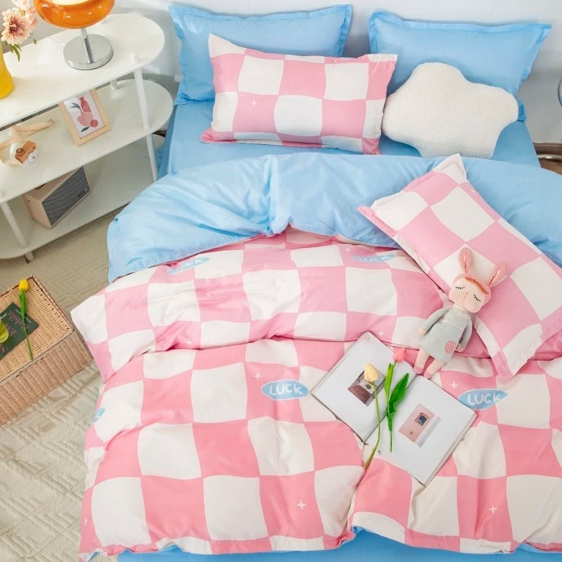 pastel curvy checkered kawaii aesthetic bedding set roomtery