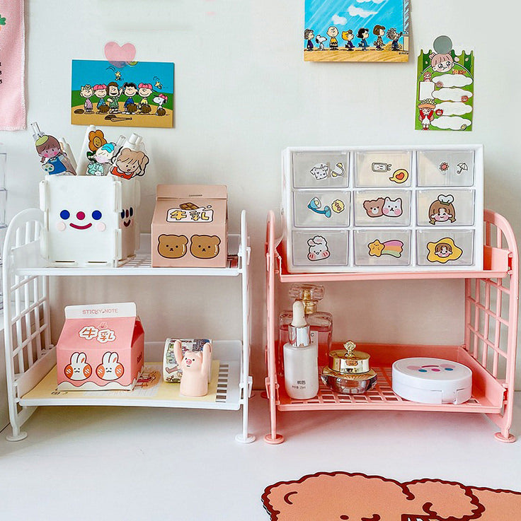 Kawaii Two-Storey Desk Shelf  Kawaii Aesthetic Room Desk Decor