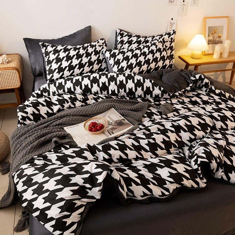 dogtooth houndstooth check black and white aesthetic bedding set