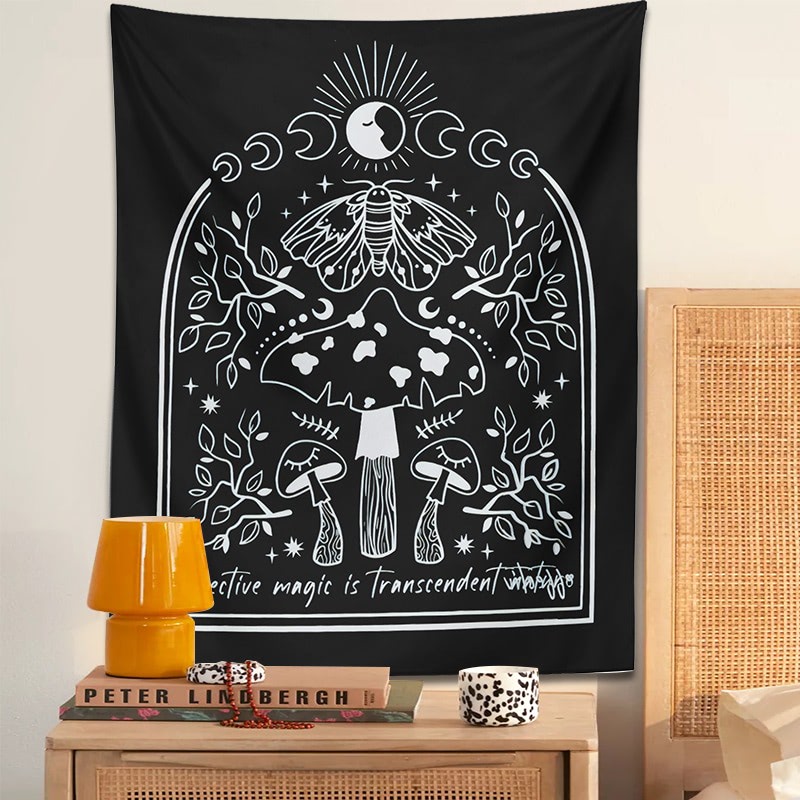 black and white outline witchy print wall hanging aesthetic tapestry roomtery