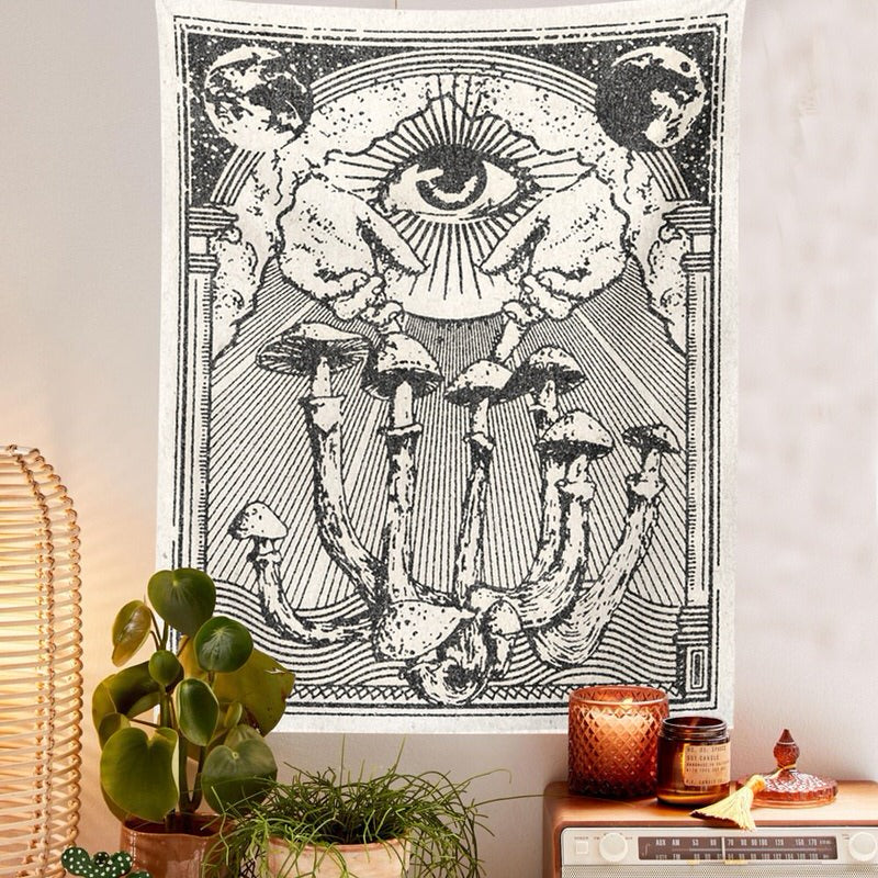 black and white mushrooms aesthetic wall tapestry hanging wall art roomtery