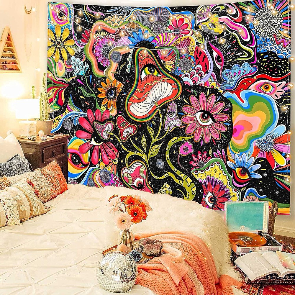 eyed mushrooms indie aesthetic room decor fairy print tapestry roomtery