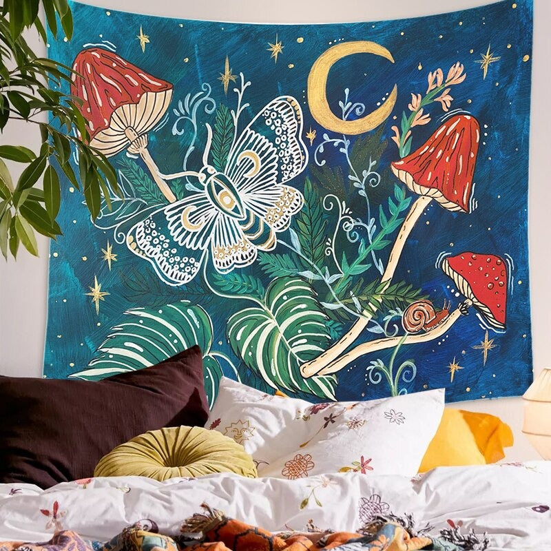 mystical floral and mushrooms watercolor print fairy room aesthetic tapestry roomtery