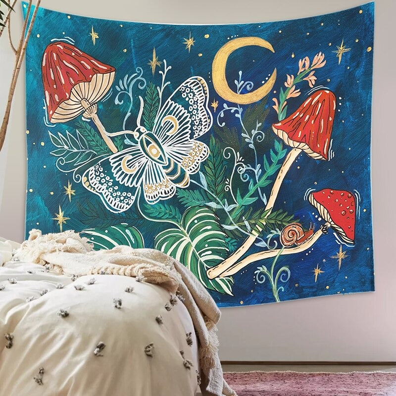 mystical floral and mushrooms watercolor print fairy room aesthetic tapestry roomtery